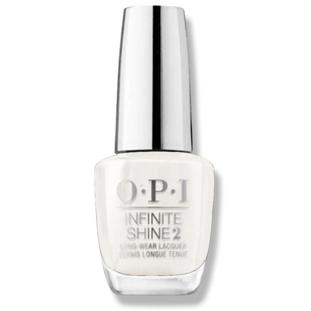 Vernis à ongles blanc OPI Infinite Shine 2. Flacon avec bouchon argenté. Inscription et nom du produit.