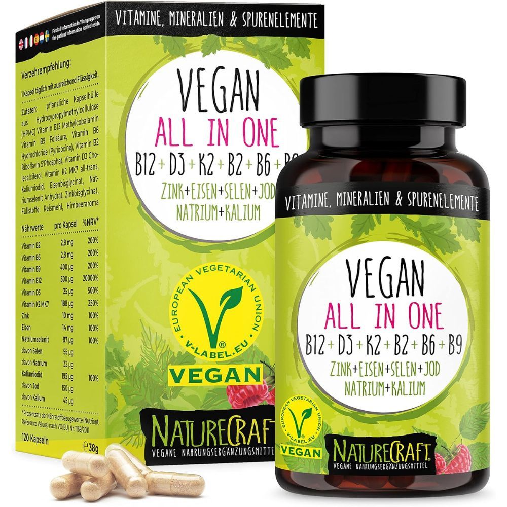 Emballage et pot de capsules végétaliennes tout-en-un, baies et V-Label.
