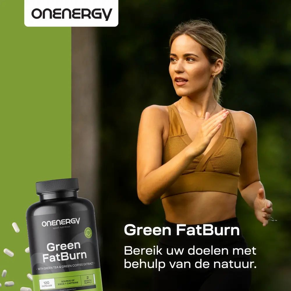 Loopster met OnEnergy Green FatBurn fles, ondersteunt actieve levensstijl.