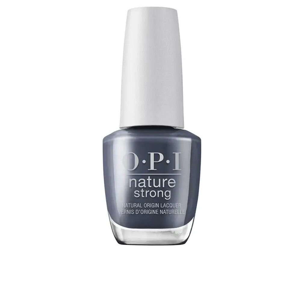 OPI Nature Strong nagellakflesje. Grijze vloeistof, witte dop. Opschrift: OPI, Nature Strong.
