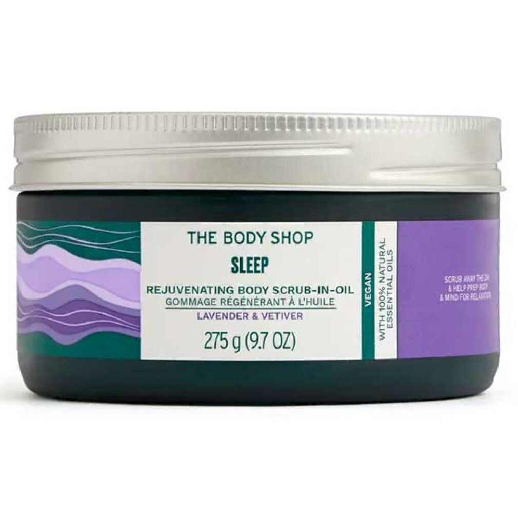 Donkergroene pot met zilveren deksel. Opschrift: Sleep, Rejuvenating Body Scrub-in-Oil, Lavendel & Vetiver. 275 g.