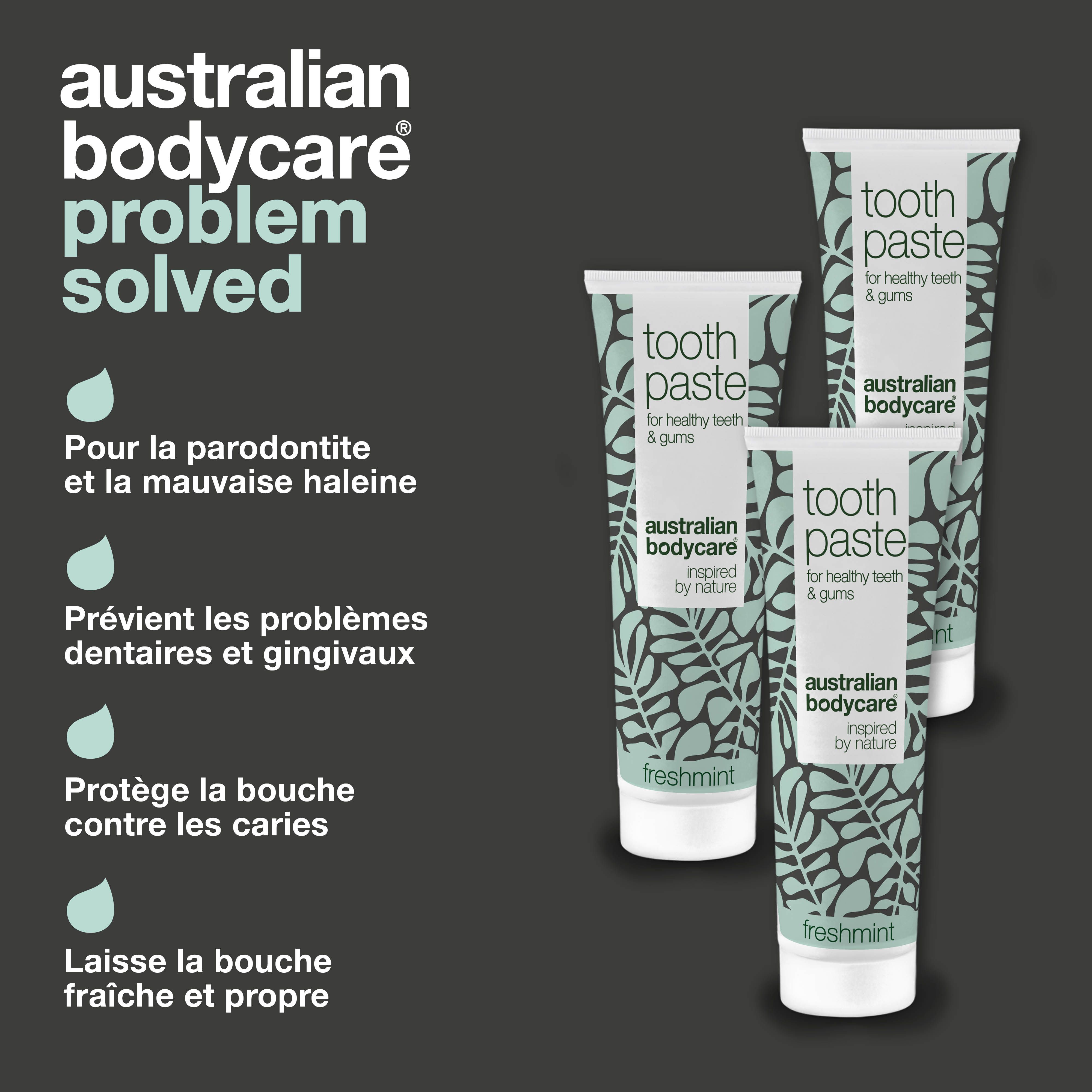 Tubes de dentifrice. Texte : Pour la parodontite et la mauvaise haleine. Australian Bodycare.