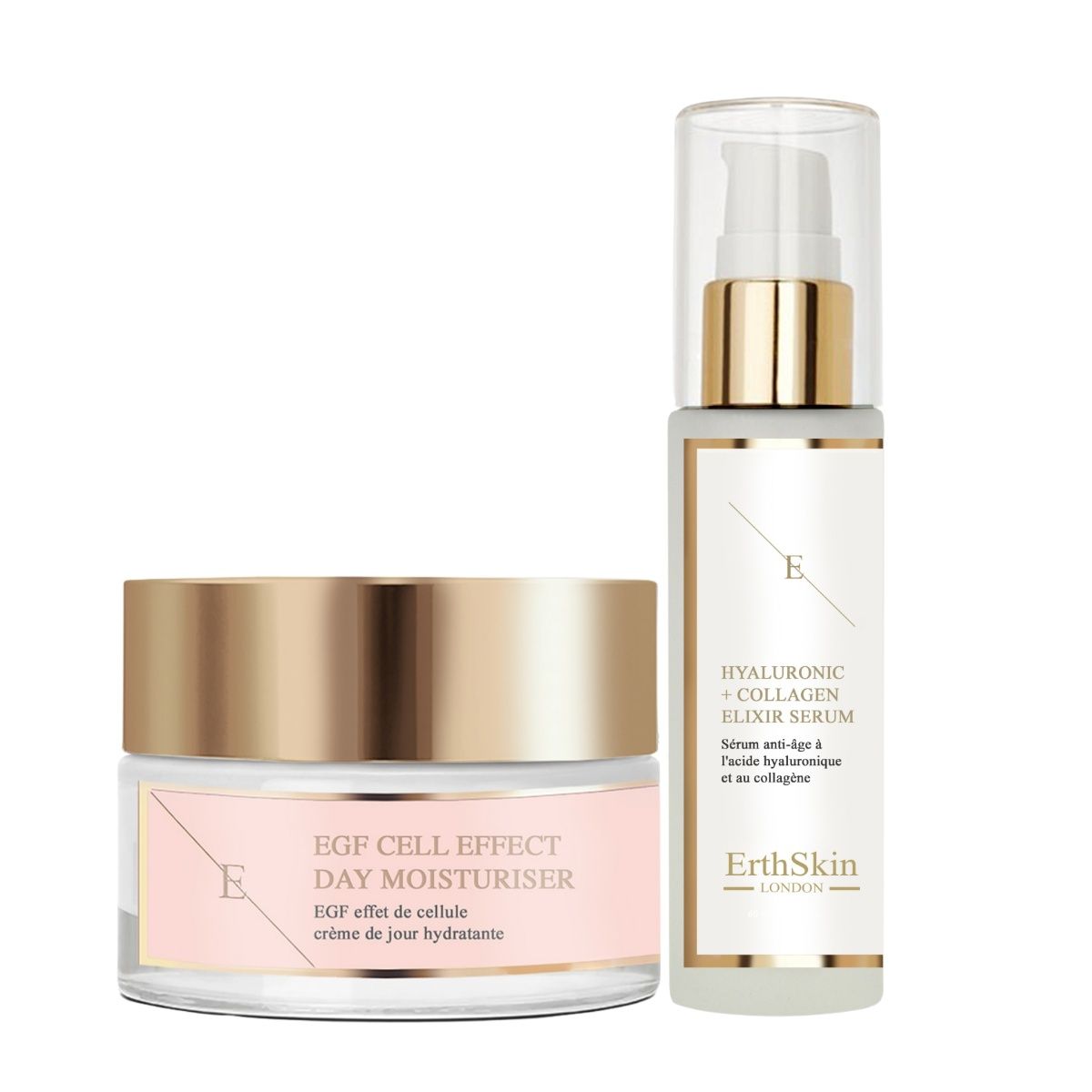 Crème hydratante de jour et sérum collagène à l'acide hyaluronique ErthSkin. Deux produits côte à côte.