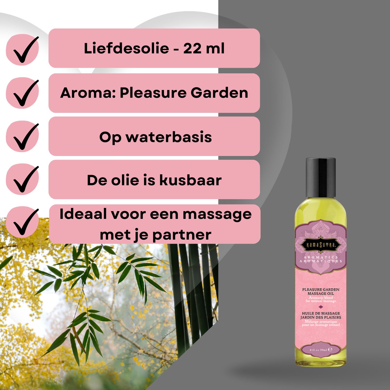 Productinformatie: Liefdesolie, Aroma Pleasure Garden, op waterbasis, verzorgt de huid, ideaal voor een massage met je partner. Fles op de achtergrond.