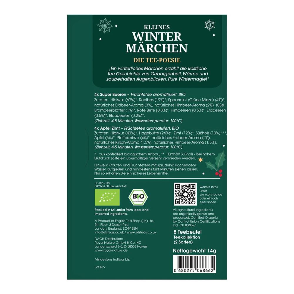 Achterkant van de theedoos. Tekst over de theepoëzie en ingrediënten. Bio-zegel en QR-code. 8 zakjes, nettogewicht 14g.