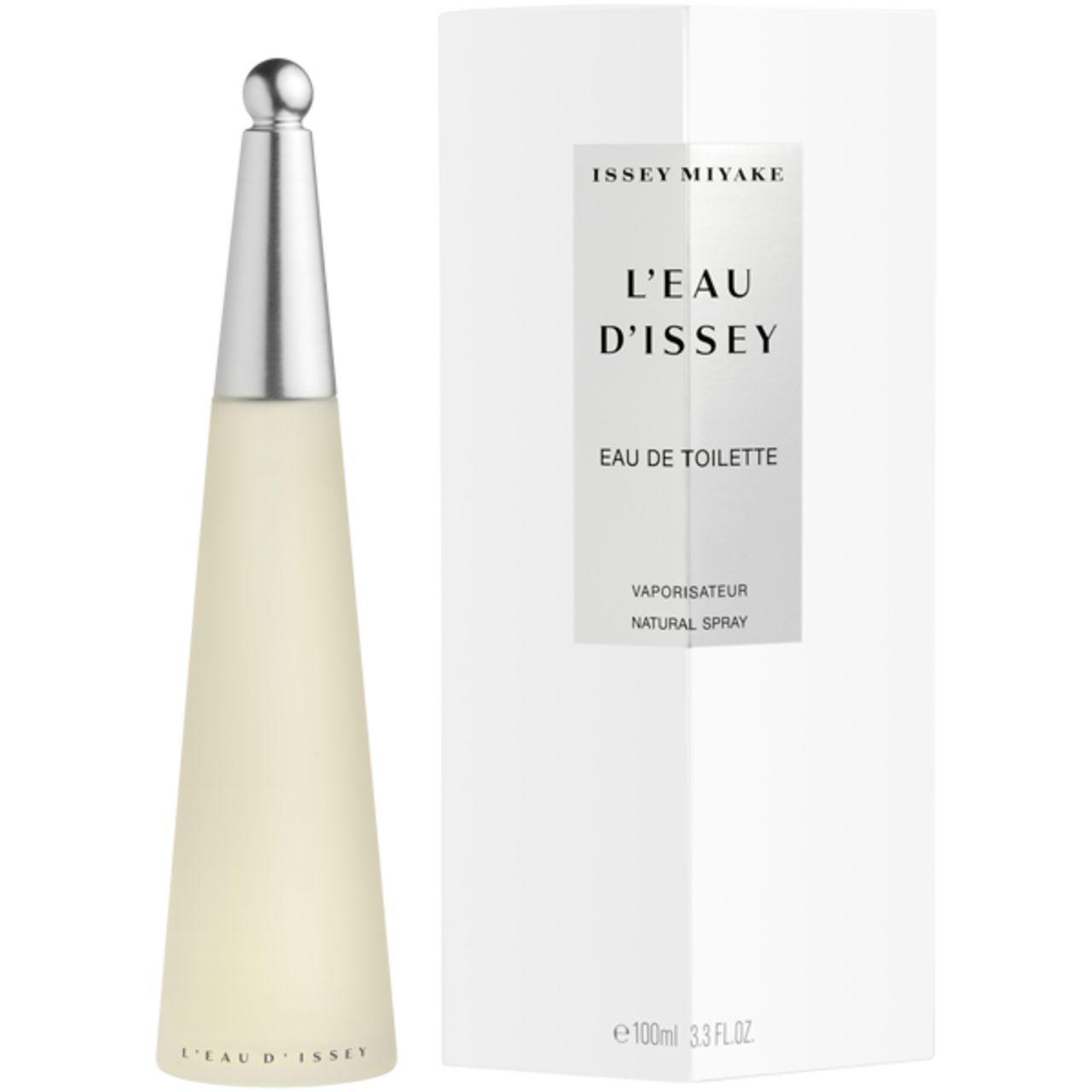 Parfumfles en verpakking. Op de verpakking staat 'ISSEY MIYAKE' en 'L'EAU D'ISSEY'.