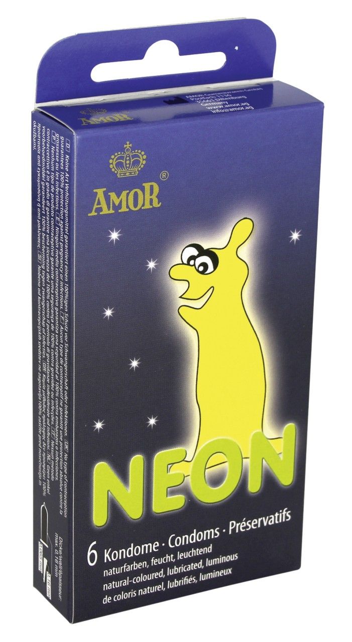 Doosje Amor Neon condooms. Bevat 6 condooms. Geel fluorescerend motief.