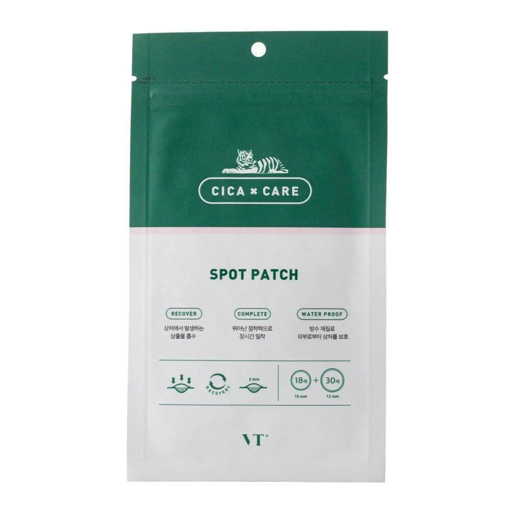 VT Cosmetics Cica Spot Patch verpakking met informatie over herstel, volledigheid en waterdichtheid.
