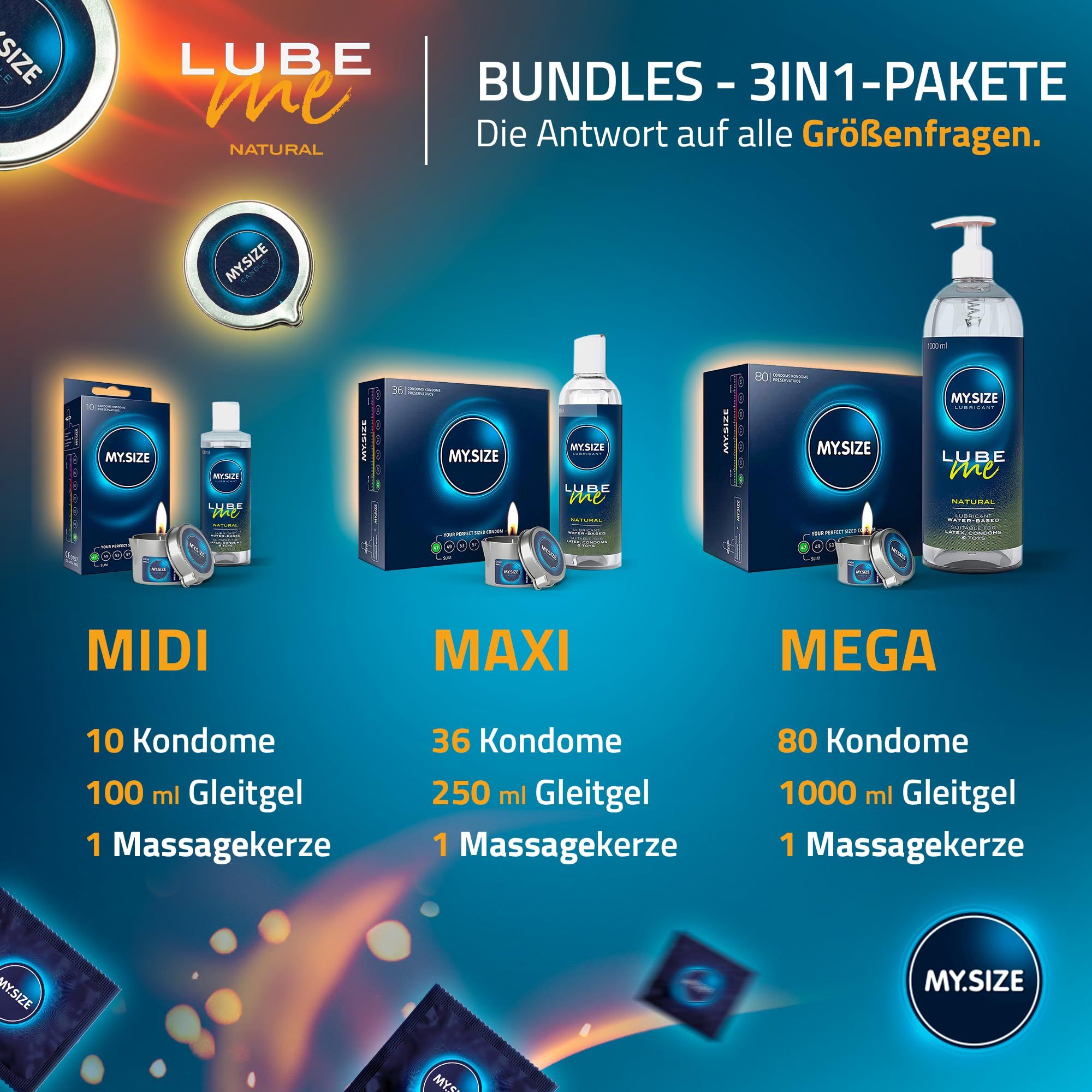 Trois lots avec préservatifs, gel lubrifiant et bougies de massage : MIDI, MAXI, MEGA.