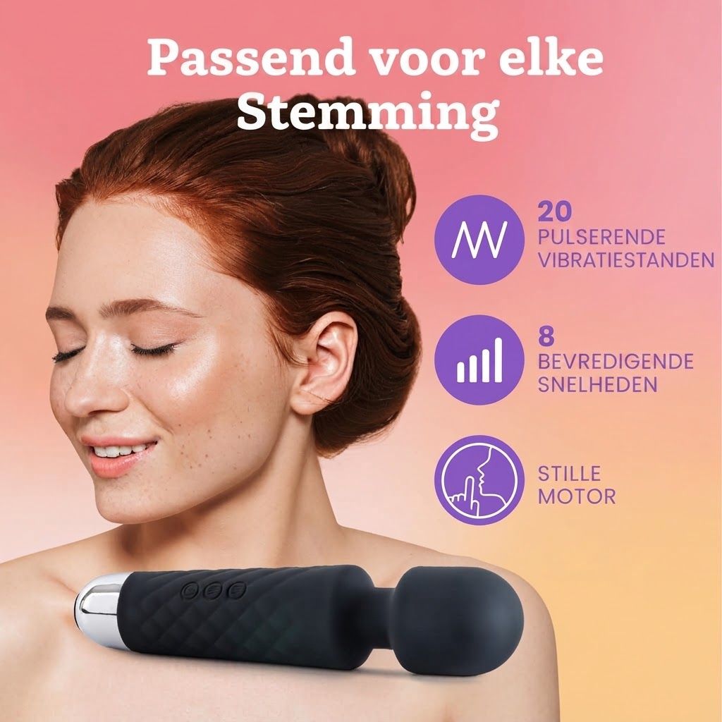 Zwarte massage-wand met 20 vibratiestanden en 8 snelheden. Stille motor.