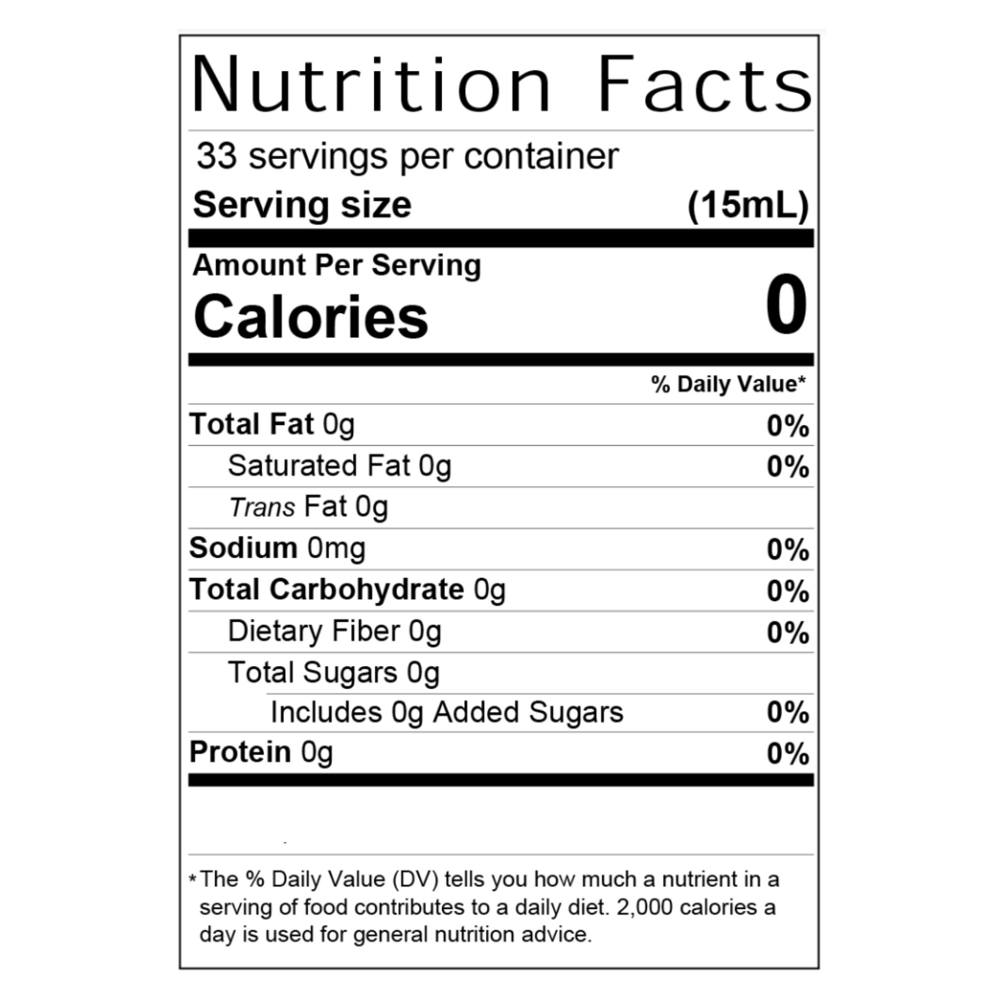 Voedingstabel. Bevat informatie over calorieën, vet, koolhydraten, suikers en eiwitten. 33 porties per verpakking, portiegrootte 15 ml.