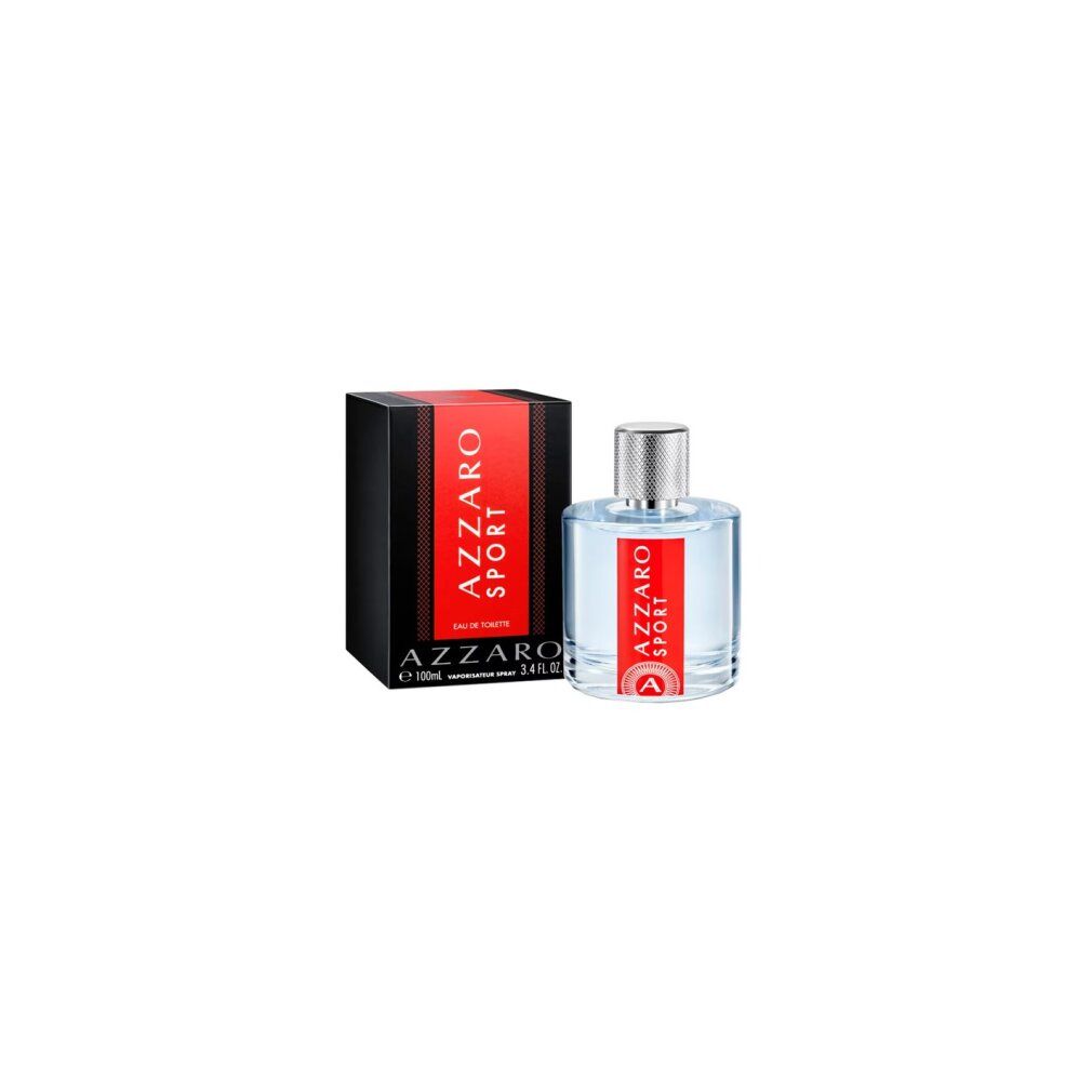 Flacon et emballage avec bande rouge. Inscription : AZZARO SPORT. Flacon avec bouchon argenté.