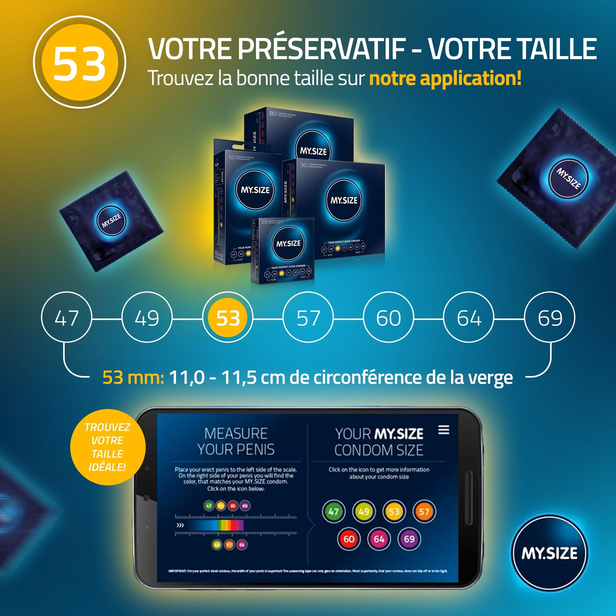 Boîte de 36 préservatifs MY.SIZE 53. Indique les options de taille de 47 à 69.