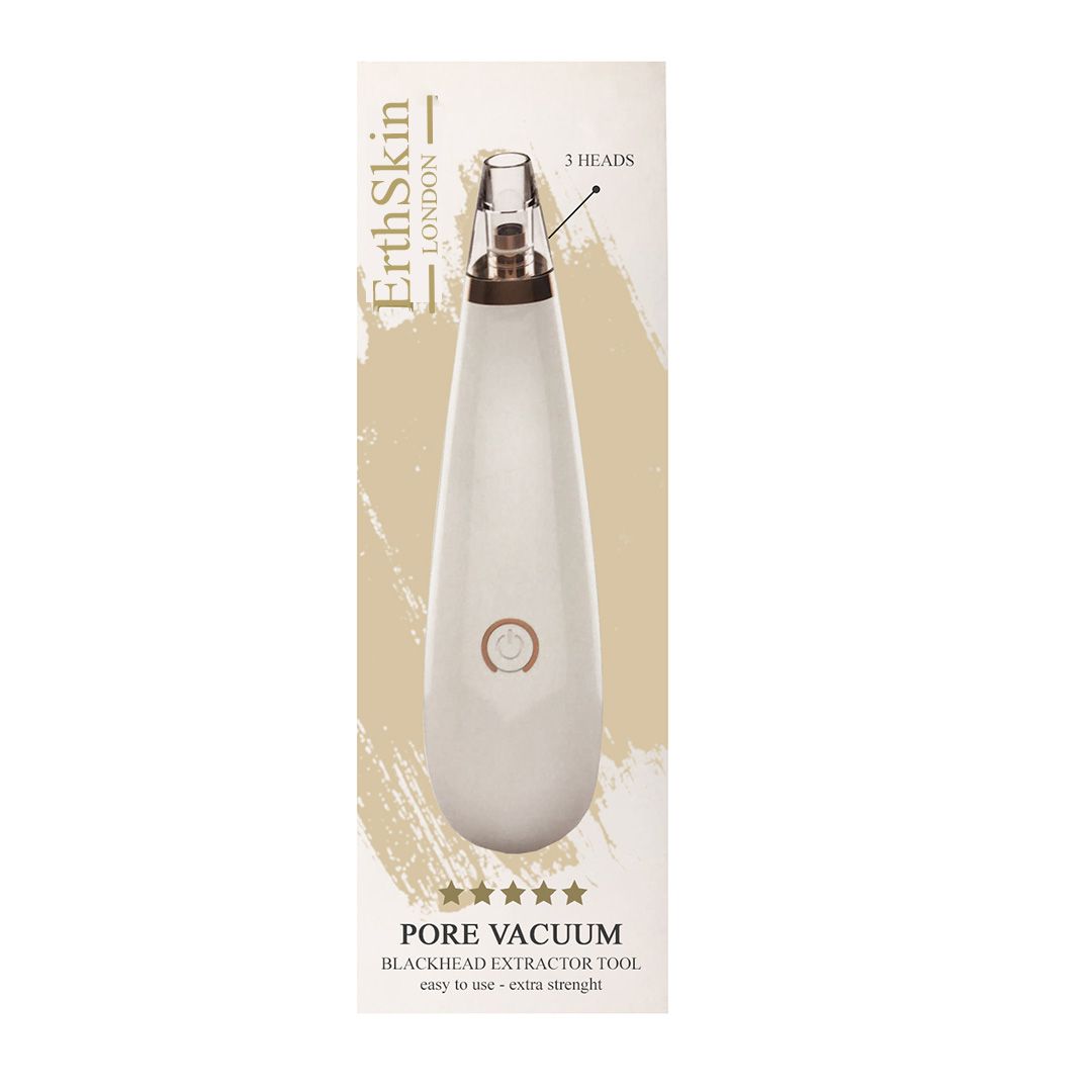 Appareil blanc ErthSkin London Pore Vacuum sur emballage. Inscription: Pore Vacuum, Blackhead Extractor Tool, 3 têtes.