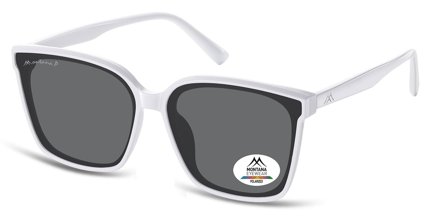 Lunettes de soleil avec monture blanche et verres gris. Le logo Montana Eyewear et l'inscription 'Polarized' sont visibles sur un verre.