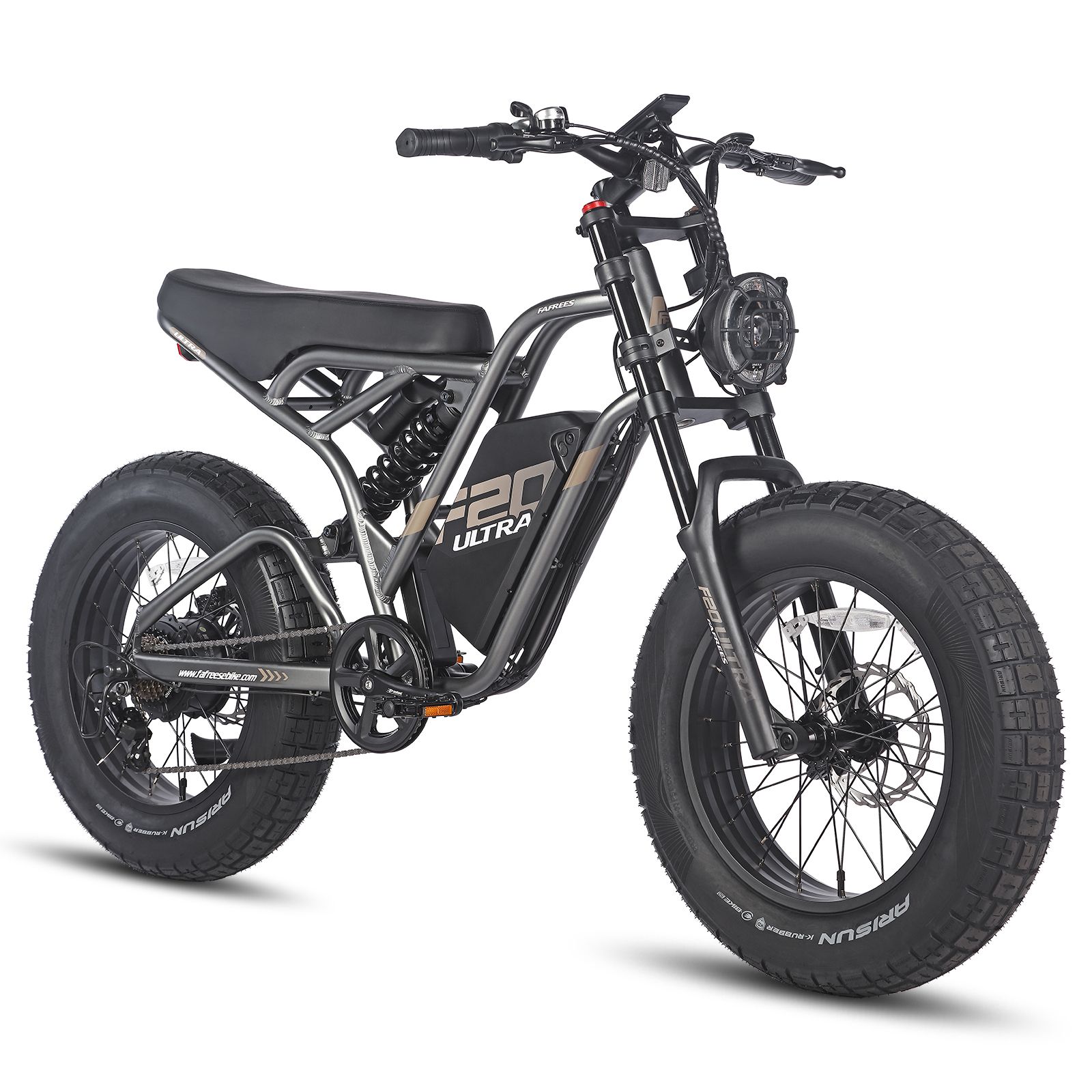 Grijze e-dirtbike met zwarte banden. Zichtbaar: zadel, motor, koplamp, F20 Ultra-logo.