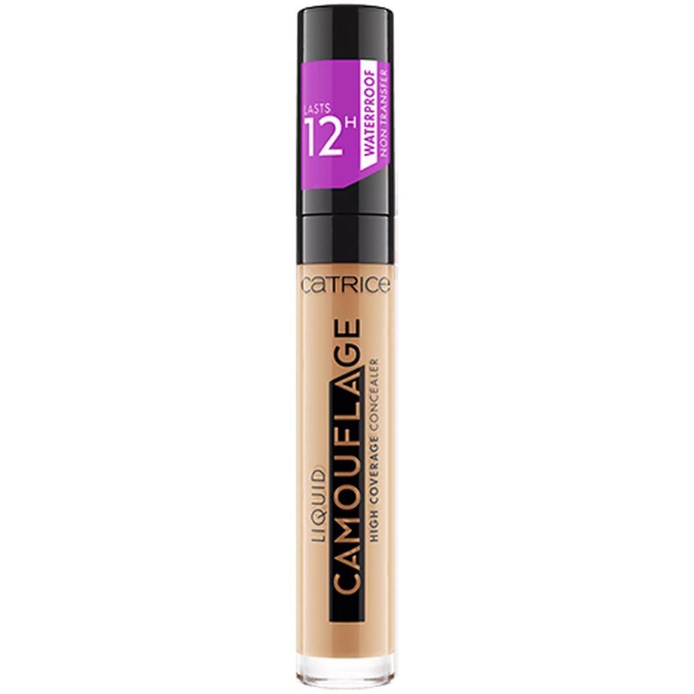 Correcteur liquide en flacon transparent avec bouchon noir. Inscription: Camouflage, Catrice. Autocollant violet avec 12H.