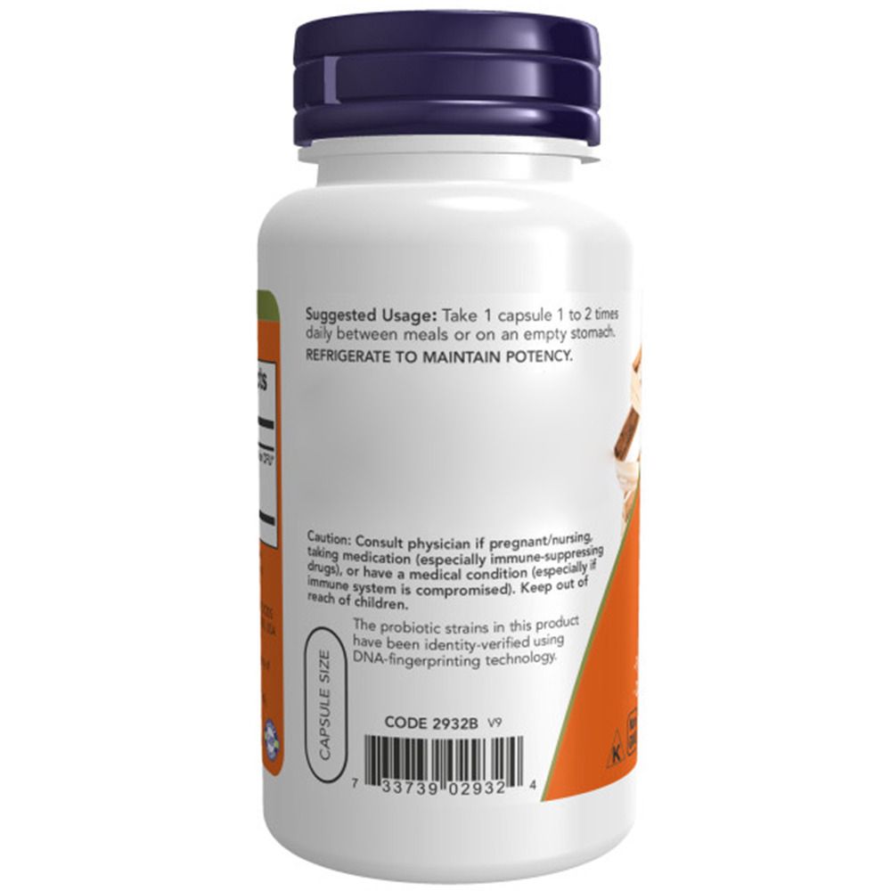 Flacon blanc de capsules avec bouchon violet. Étiquette avec instructions et avertissements.