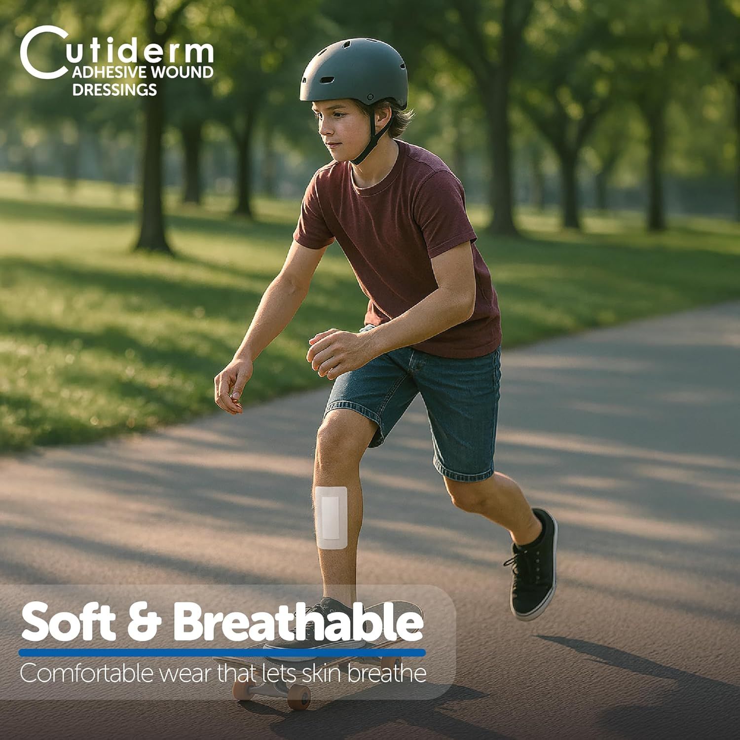 Jeune avec pansement Cutiderm sur la jambe en train de faire du skateboard.