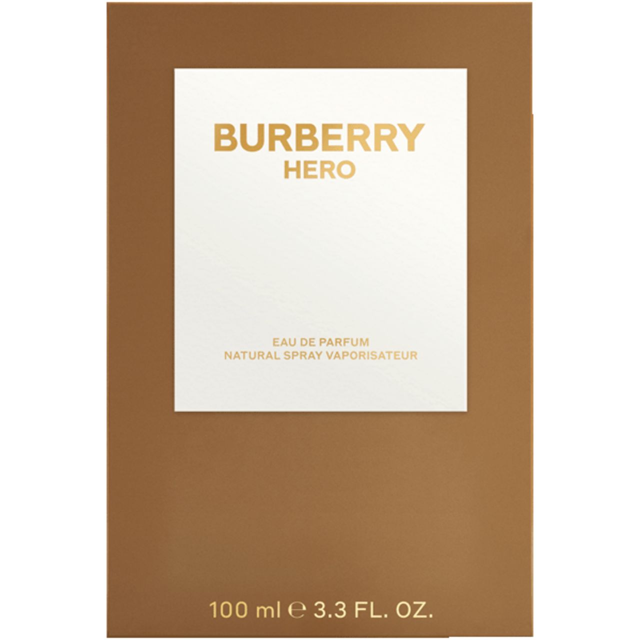 Bruine verpakking met wit veld. Opschrift: BURBERRY HERO. Tekst: Eau de Parfum, Natural Spray Vaporisateur.