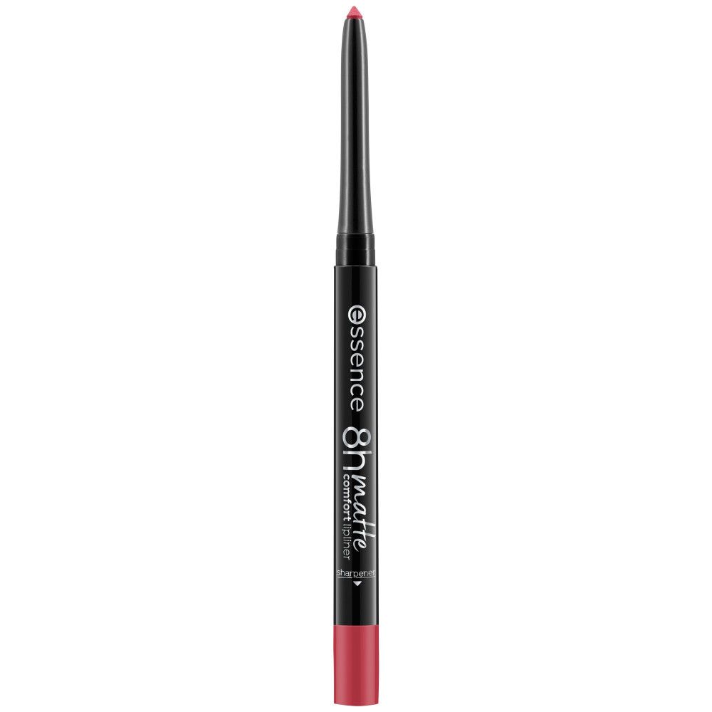 Rode lippenstiftstift. Zwarte schacht met witte tekst: Essence, 8h matte comfort liner.
