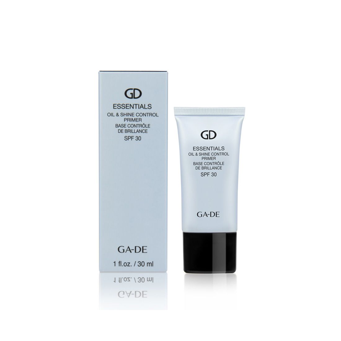 Tube et boîte de primer. Inscription: GD Essentials Oil & Shine Control Primer SPF 30. Bouchon noir.