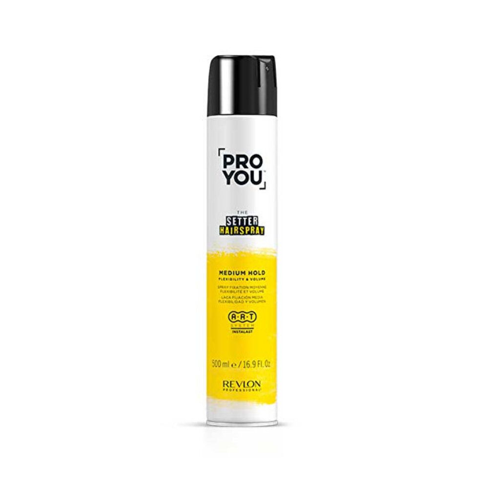 Bombe de laque blanche et noire. Inscription: PRO YOU, THE SETTER HAIRSPRAY, MEDIUM HOLD. Zone jaune avec texte et logo.