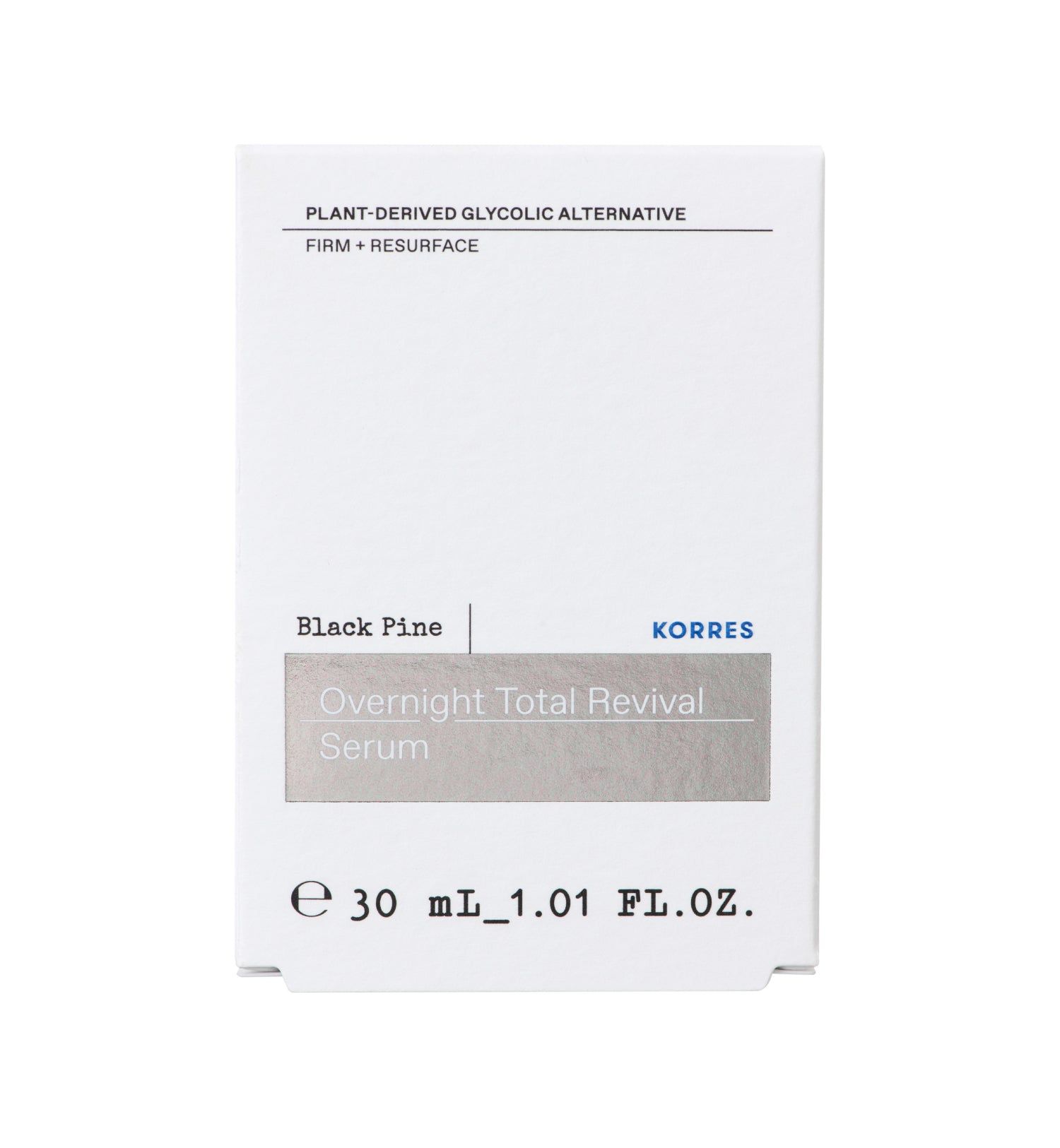 Emballage blanc avec nom du produit et marque KORRES. Texte: Black Pine, Overnight Total Revival Serum. Volume: 30 ml.