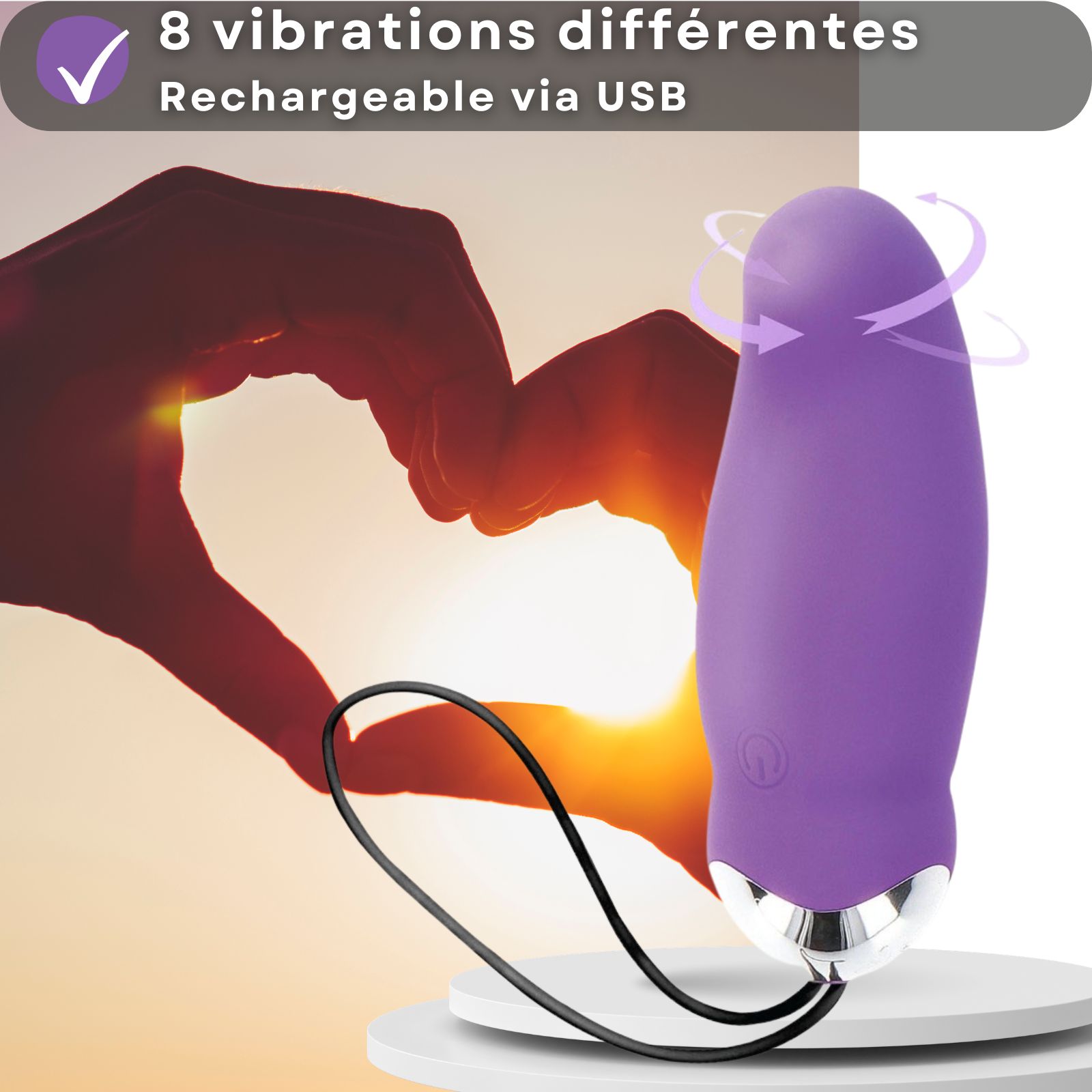 Oeuf vibrant violet. En silicone et ABS. 9 cm de long, 3,3 cm de diamètre. Rechargeable via USB.