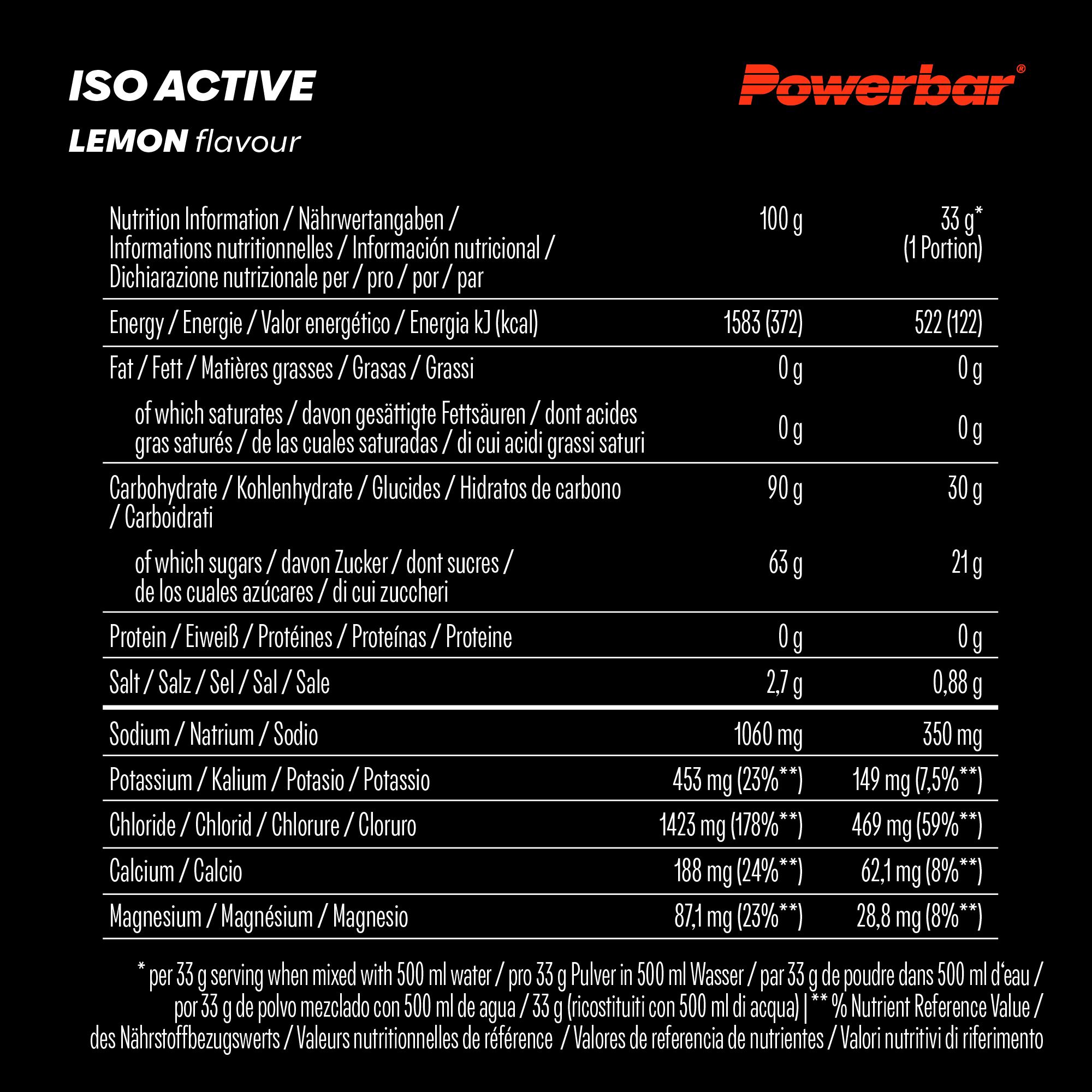 Boisson isotonique PowerBar Isoactive, saveur citron, dans un récipient noir.