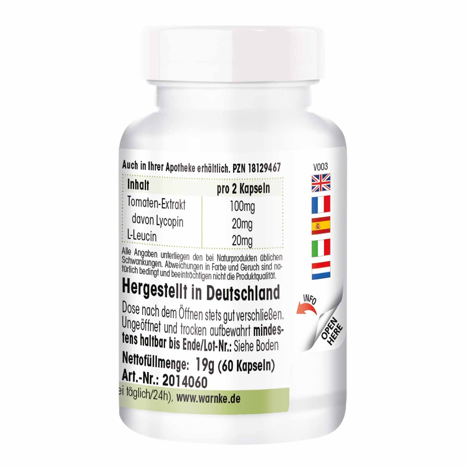 Dos du flacon blanc. Texte: Warnke. Contenu pour 2 gélules: Extrait de tomate, dont lycopène, L-leucine. Fabriqué en Allemagne. Poids net: 19g (60 gélules).