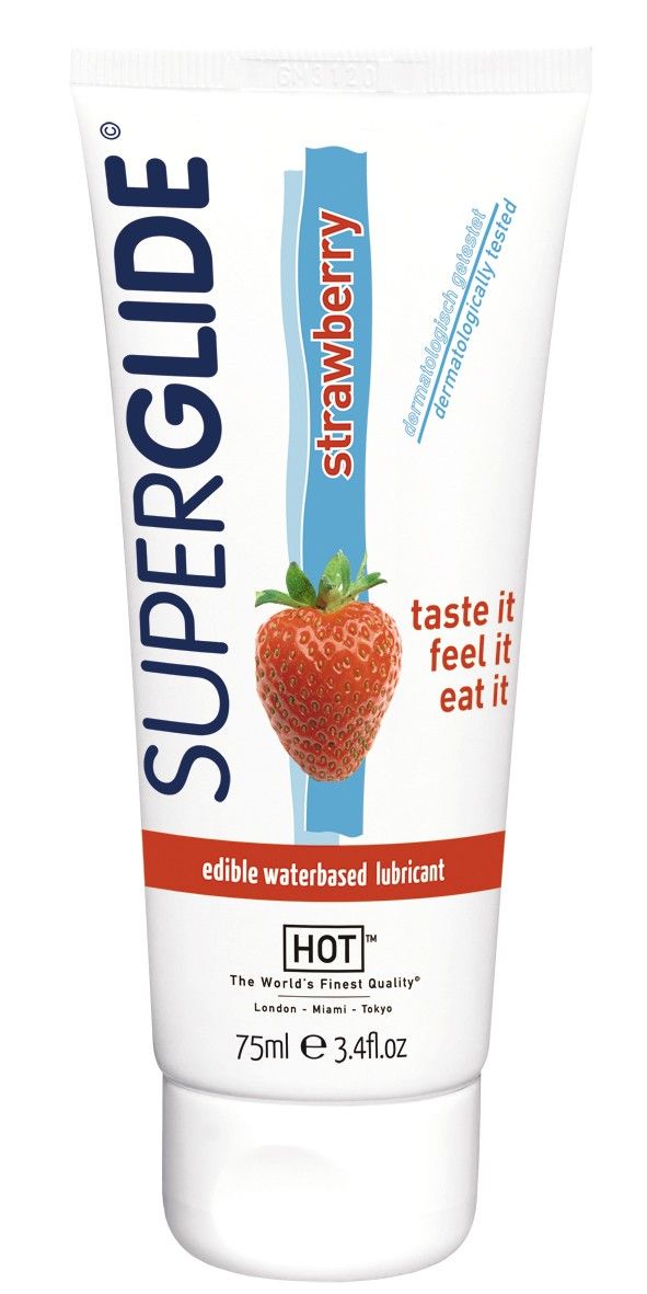 Lubrifiant HOT Superglide Fraise, tube 75ml. À base d'eau et comestible.