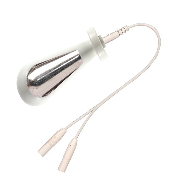 Vaginale sonde met metalen punt, wit plastic en kabel met twee connectoren. Bovenaanzicht.