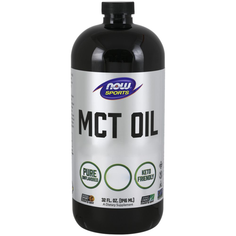 Bouteille noire avec étiquette argentée. Inscription : NOW SPORTS MCT OIL. Contient des informations sur les ingrédients et les certifications.