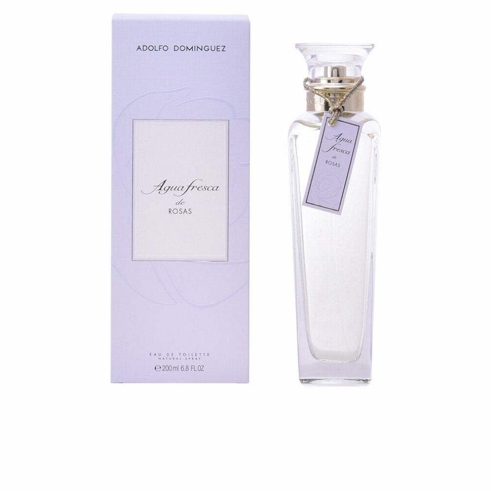 Adolfo Dominguez Agua Fresca de Rosas Eau de Toilette Spray. Flacon et emballage violets clairs. Étiquette avec nom du produit.
