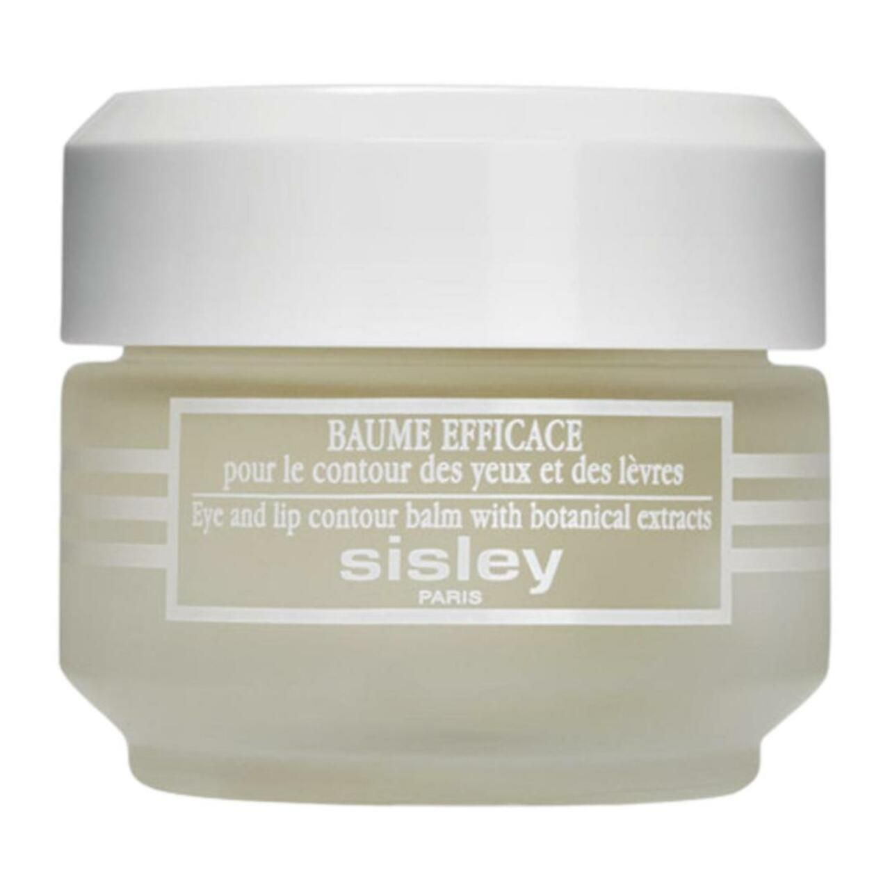 Crèmepot met deksel. Opschrift: Baume Efficace, Eye and lip contour balm, Sisley Paris.