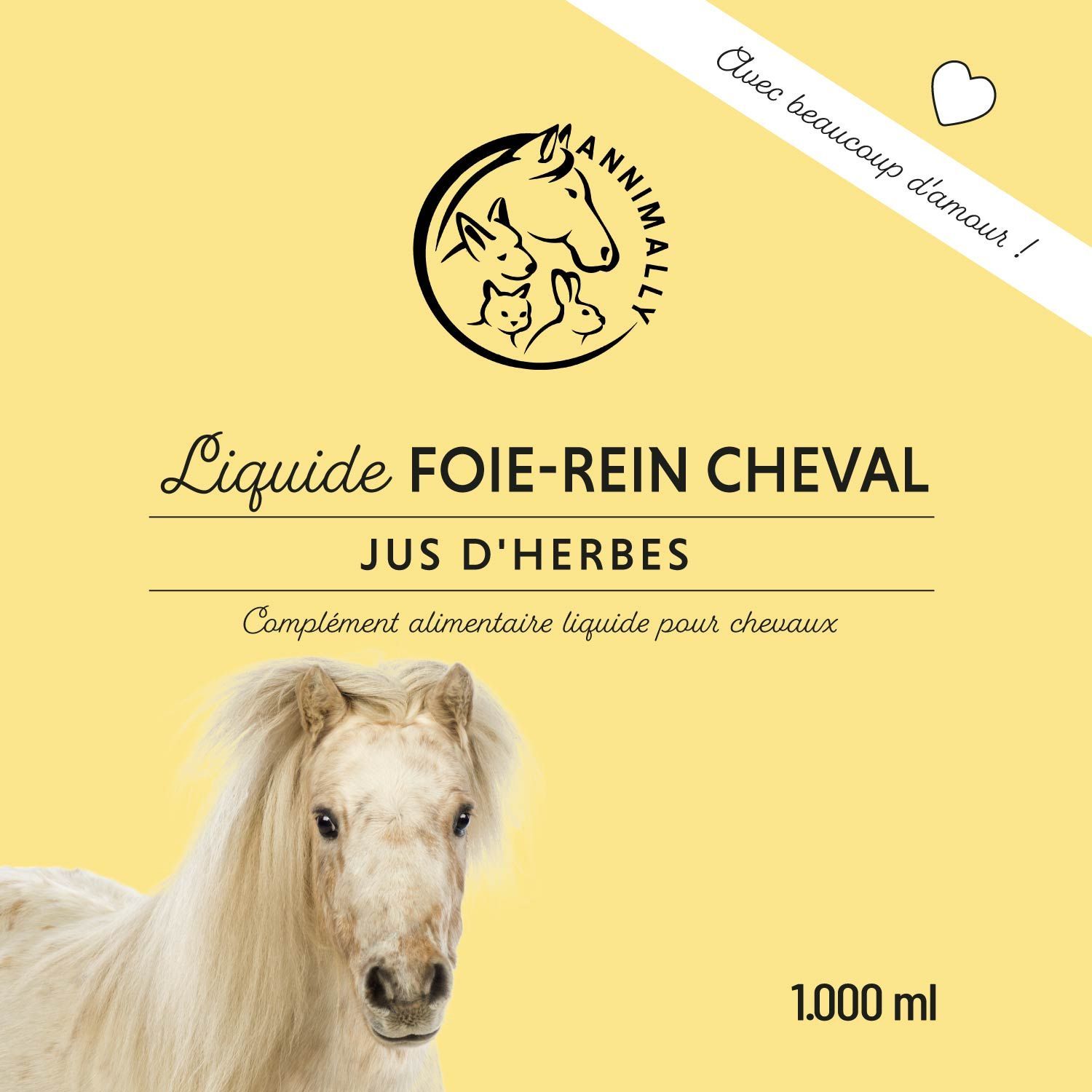 Étiquette Annimally Leber-Nieren Liquid. Logo, texte et 1.000 ml. Soutient le métabolisme.