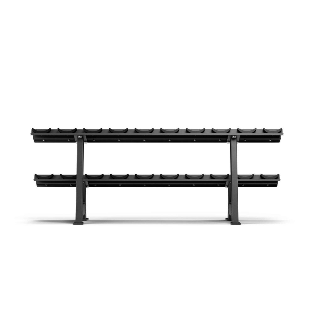Support haltères noir à deux niveaux. Structure métallique avec supports pour haltères. Vue de face.
