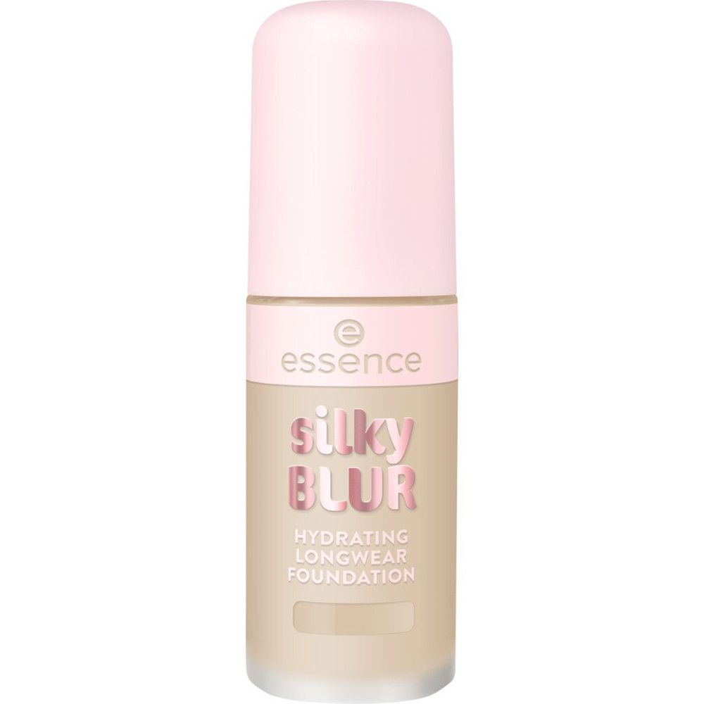 Fond de teint Essence Silky Blur. Flacon avec bouchon rose. Inscription Silky Blur, Hydrating Longwear Foundation.