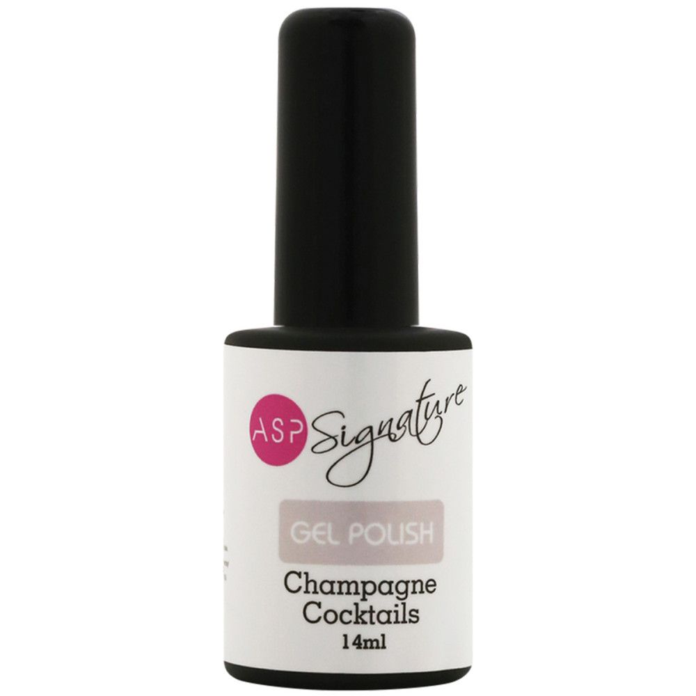 Flacon de vernis à ongles avec bouchon noir. Étiquette : ASP Signature, Gel Polish, Champagne Cocktails, 14ml.