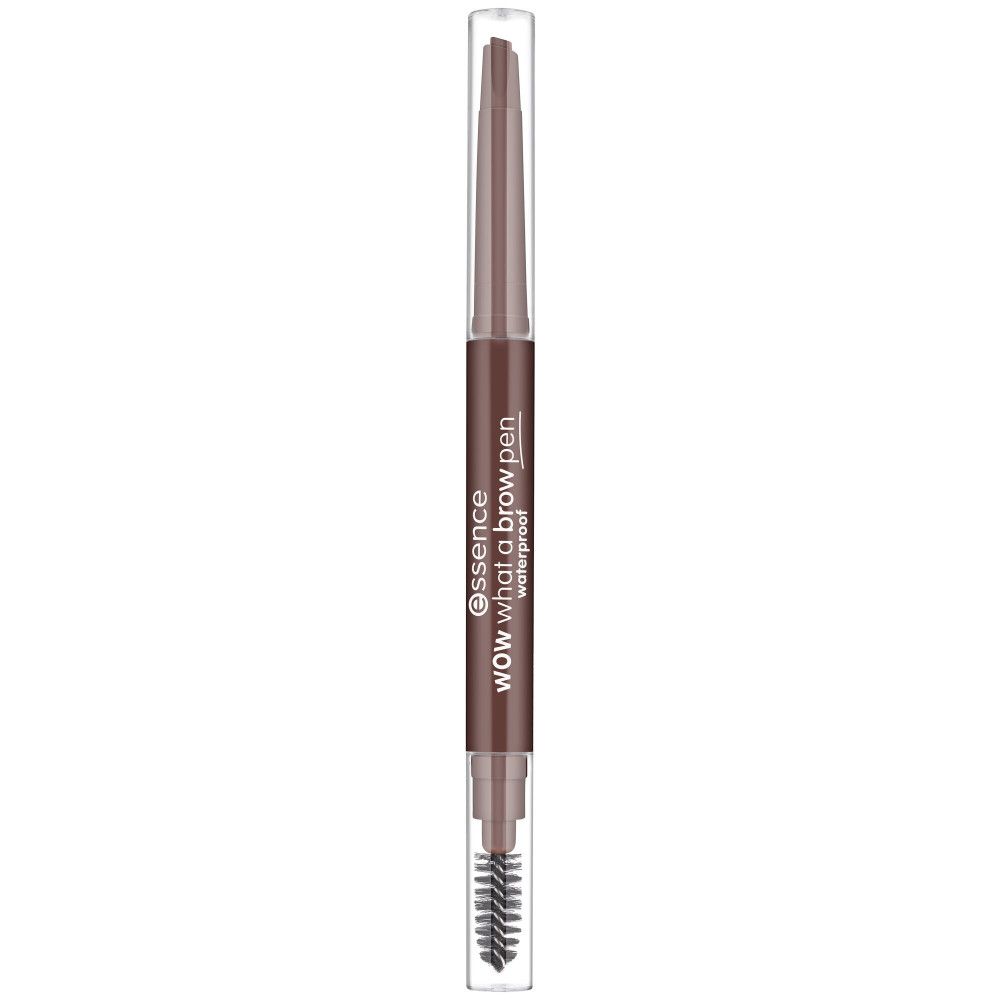 Crayon à sourcils avec brosse. Mine marron, capuchon transparent. Inscription: essence WOW what a brow pen waterproof.