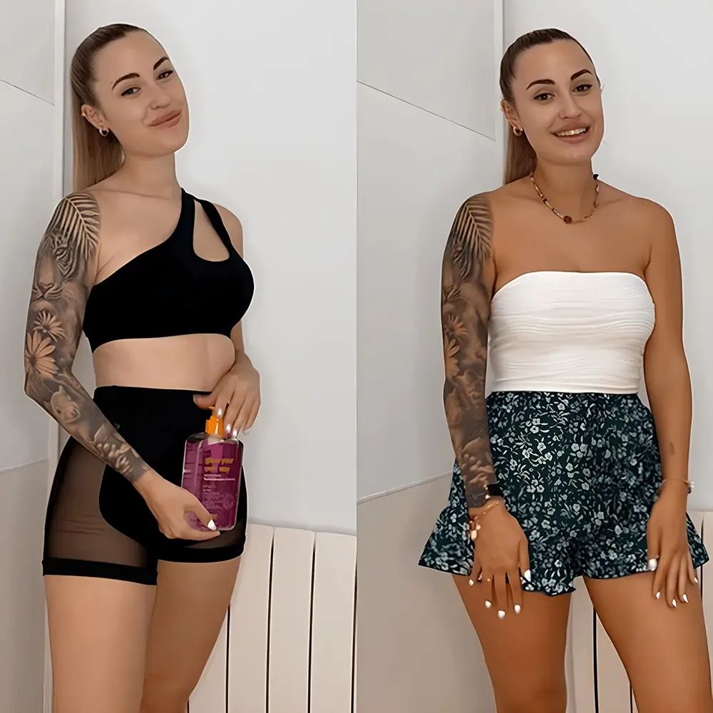 Deux femmes. Gauche : femme tatouée, tenue de sport noire, tient le produit. Droite : femme tatouée, bronzée, haut blanc, short.