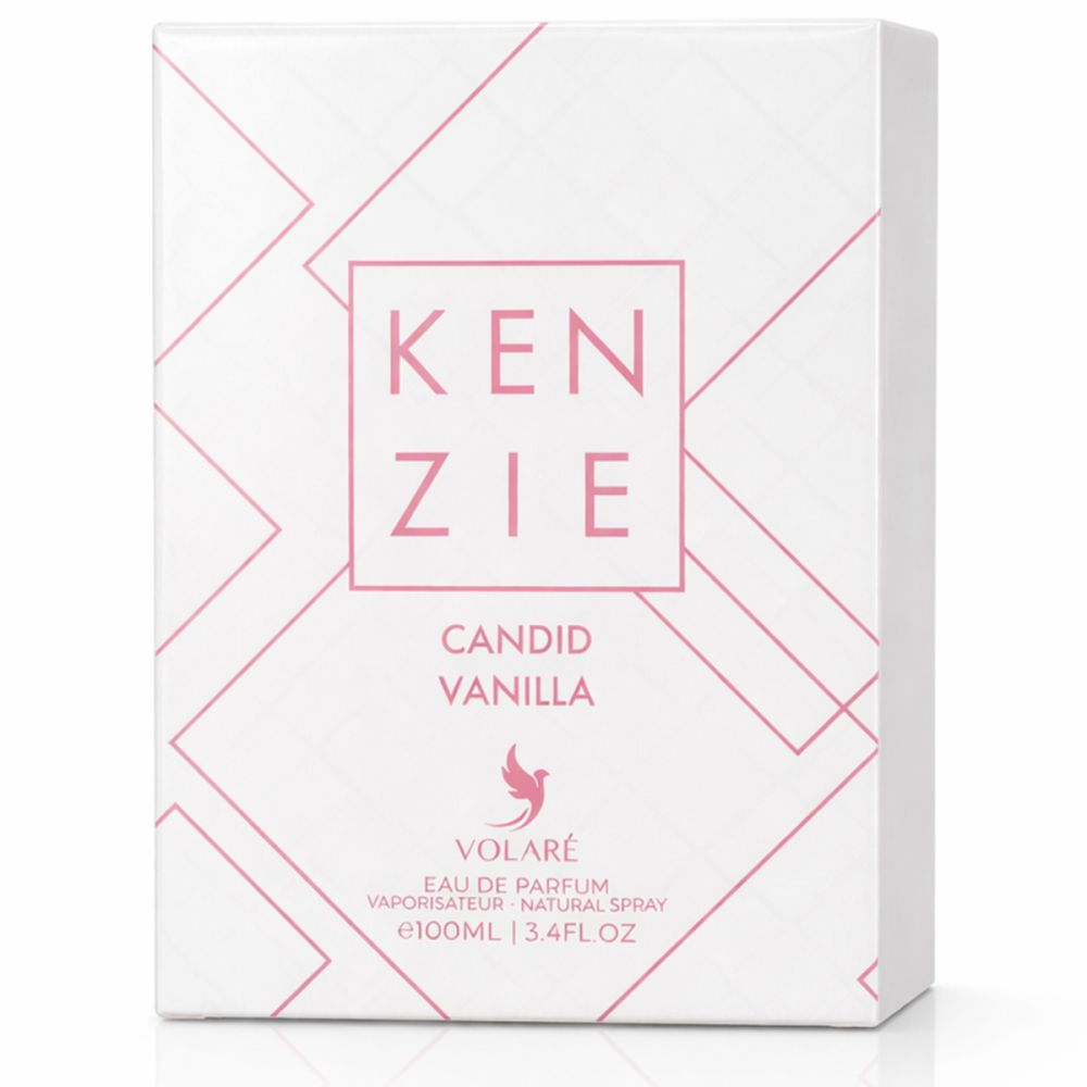 Boîte blanche, motif géométrique rose. Inscription Kenzie, Candid Vanilla et Volaré. Vaporisateur naturel.