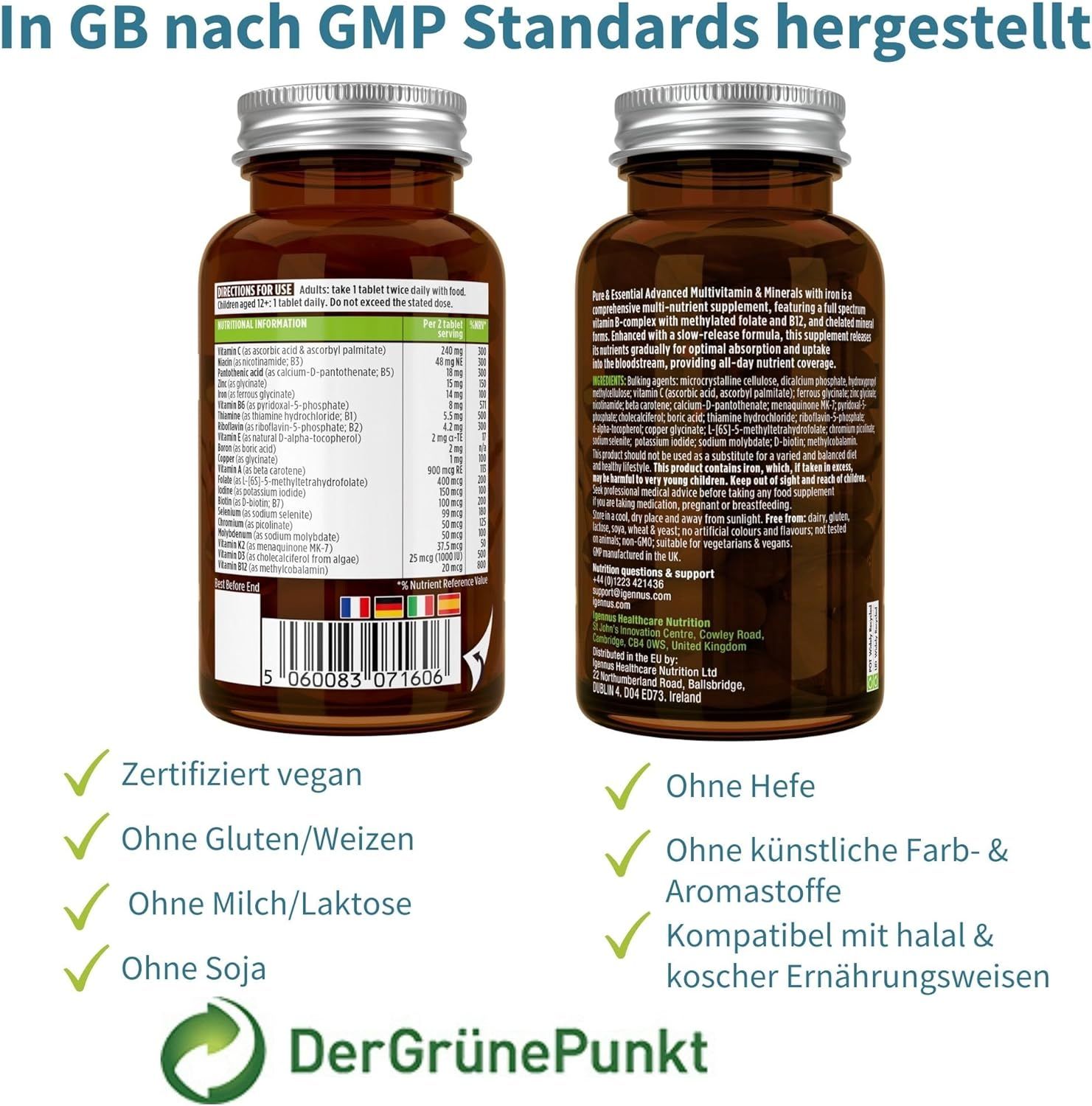 Voor- en achterkant van een fles multivitaminen voor vrouwen. Gecertificeerd veganistisch, zonder gluten, gist, lactose, soja.