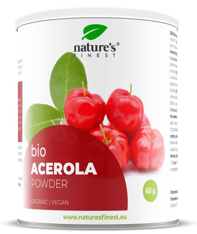Witte verpakking met rode tekst. Toont acerola-vruchten en bladeren. Opschrift: bio Acerola Powder, 60g, Organic Vegan.