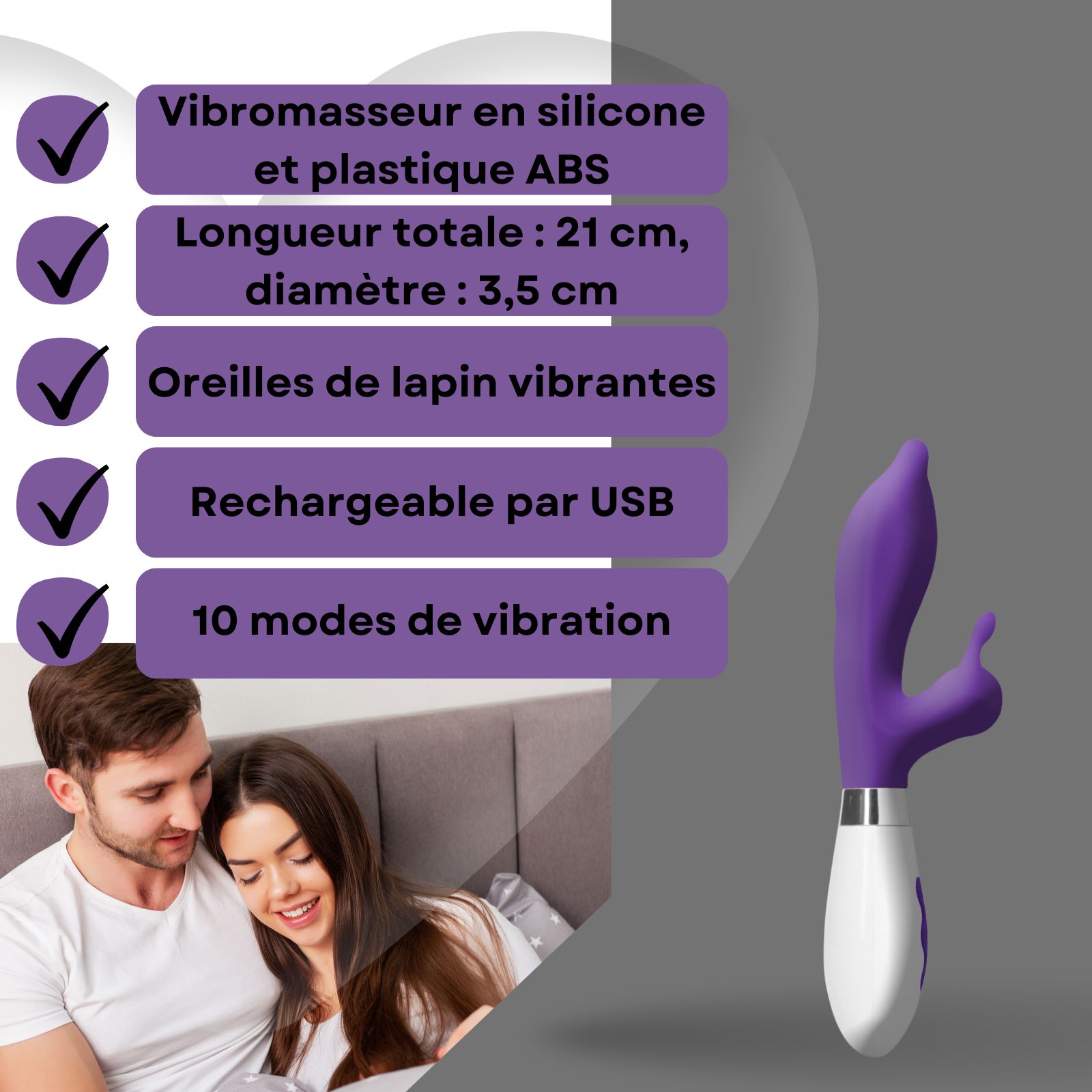 Vibrateur violet avec oreilles de lapin, 21 cm, 3,5 cm de diamètre. Silicone et ABS. Couple en arrière-plan.