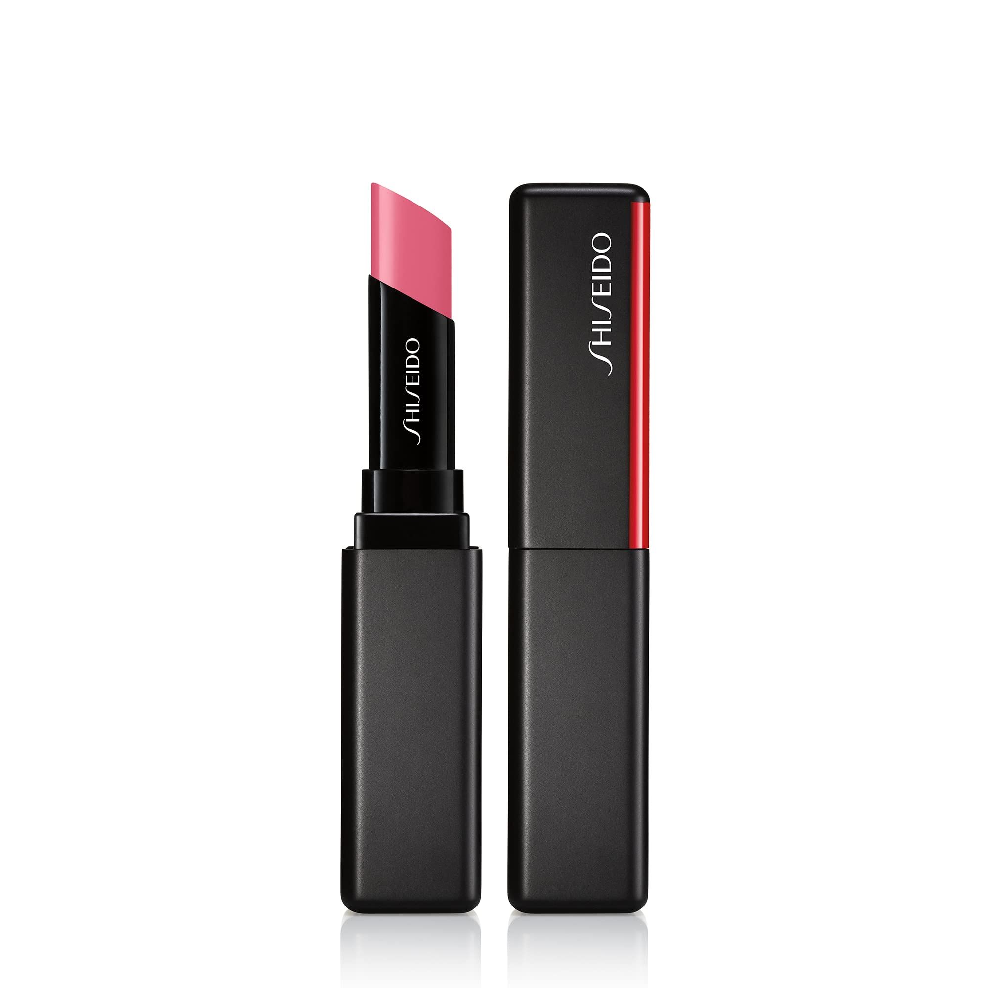 SHISEIDO lippenbalsem, open en dicht. Zwarte huls met rode accenten. Roze lipstickpunt.