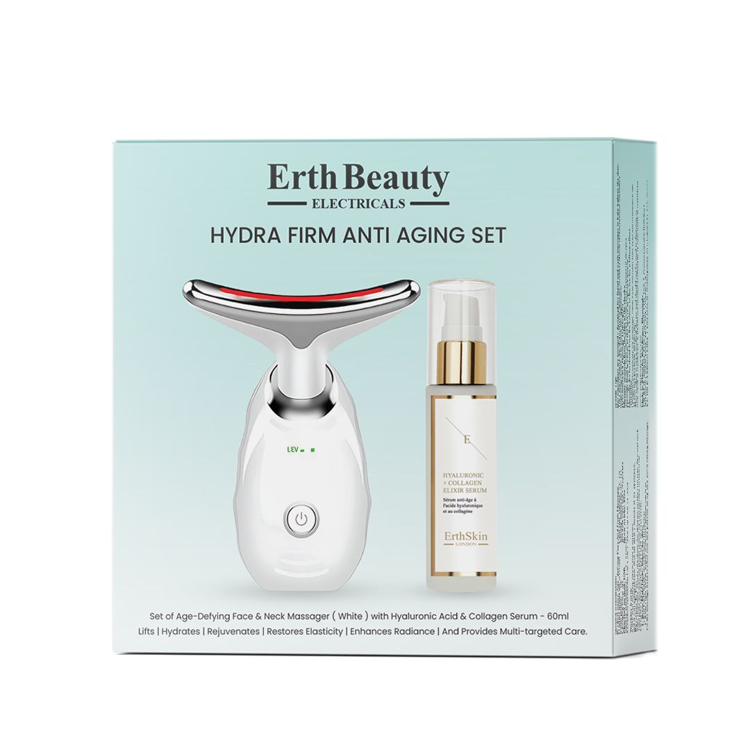 Ensemble de massage facial et cou, sérum et emballage. Le masseur est blanc avec une pointe rouge. "Erth Beauty" est écrit sur l'emballage.
