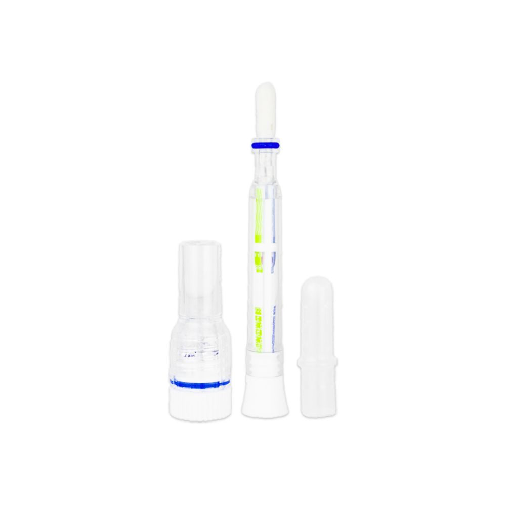 Bâtonnet de test ECOTEST avec accessoires. Boîtier transparent, marquages bleus. Deux bouchons séparés.