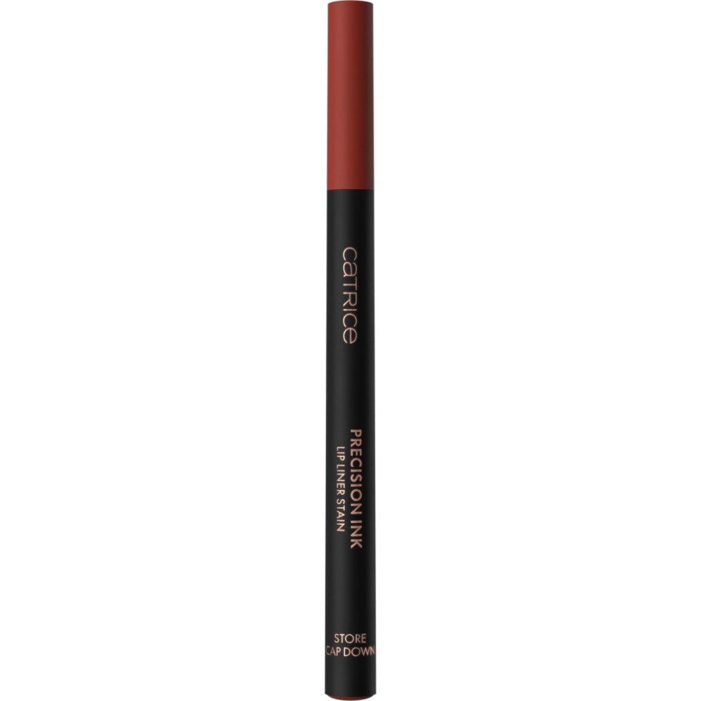 Zwarte lipliner met bruine punt. Opschrift: CATRICE PRECISION INK LIP LINER STAIN.